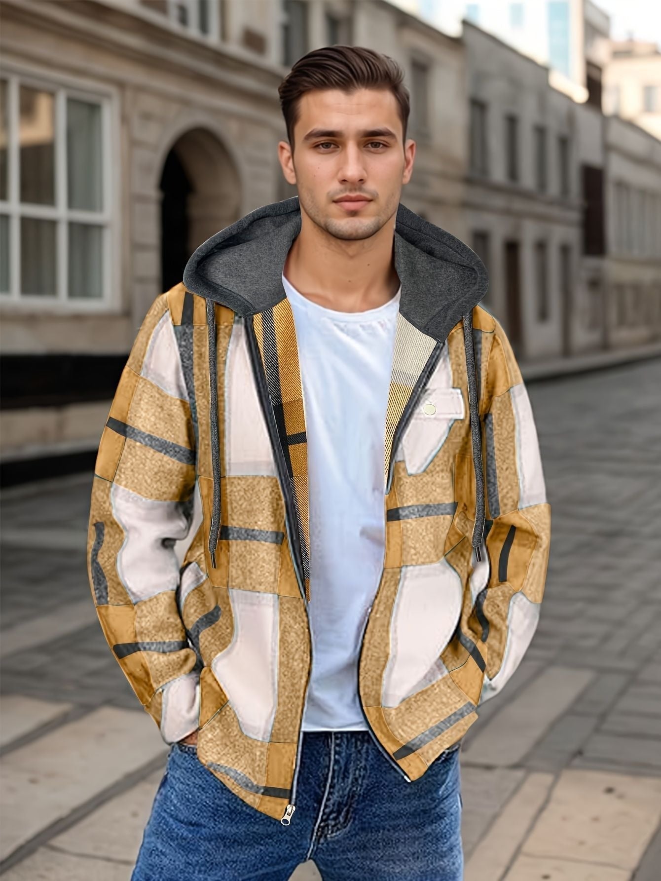 Men's Hooded Jacket Plaid Flannel Zip-Up