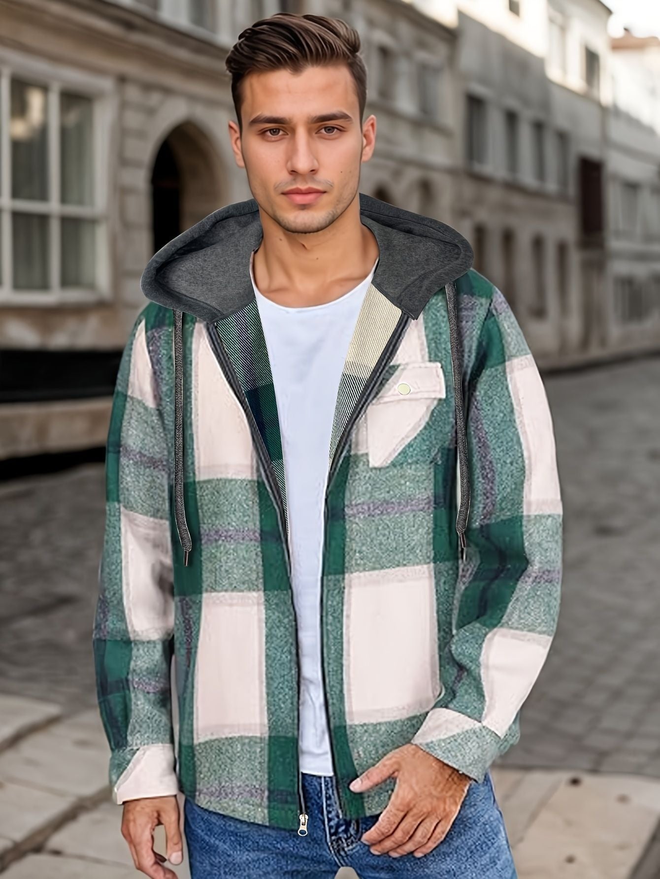 Men's Hooded Jacket Plaid Flannel Zip-Up