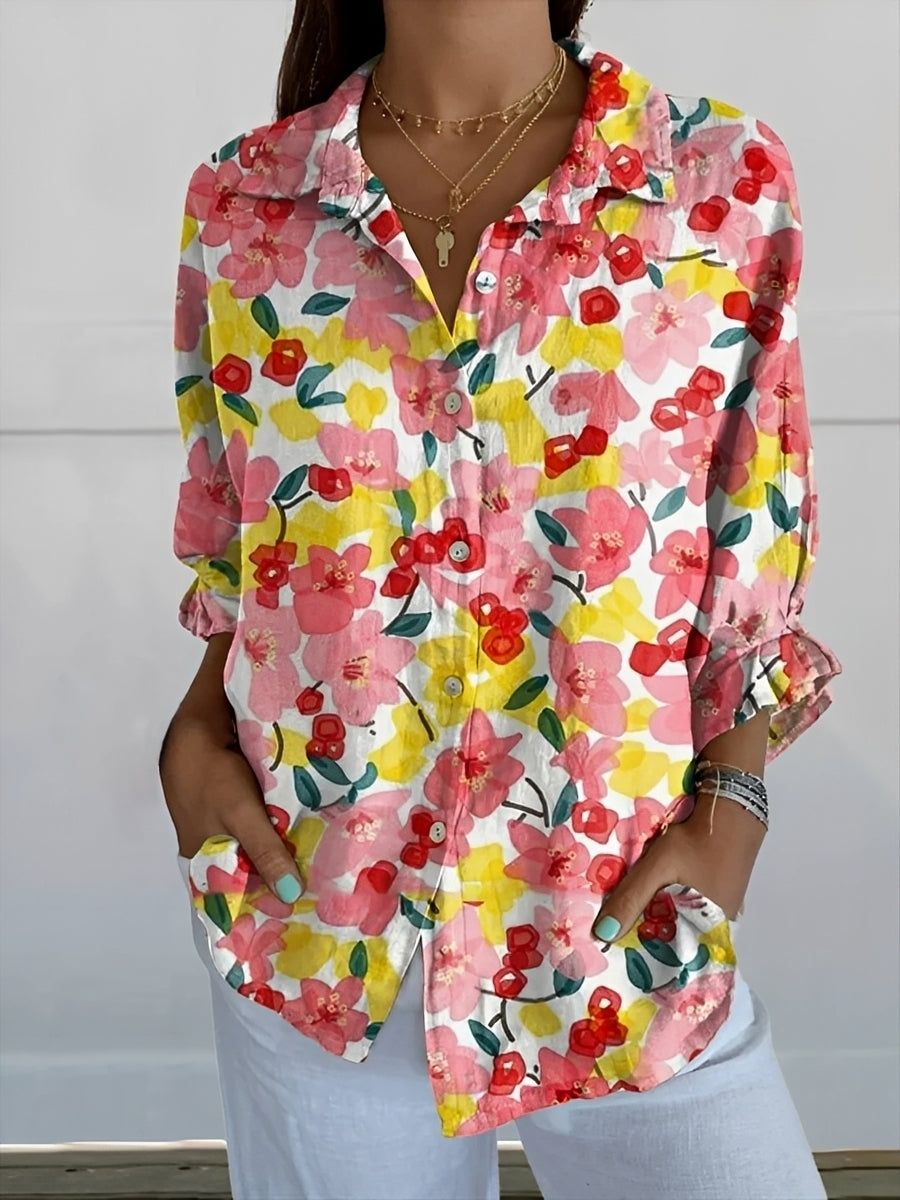 Women's long-sleeved printed button front shirt with collared neckline