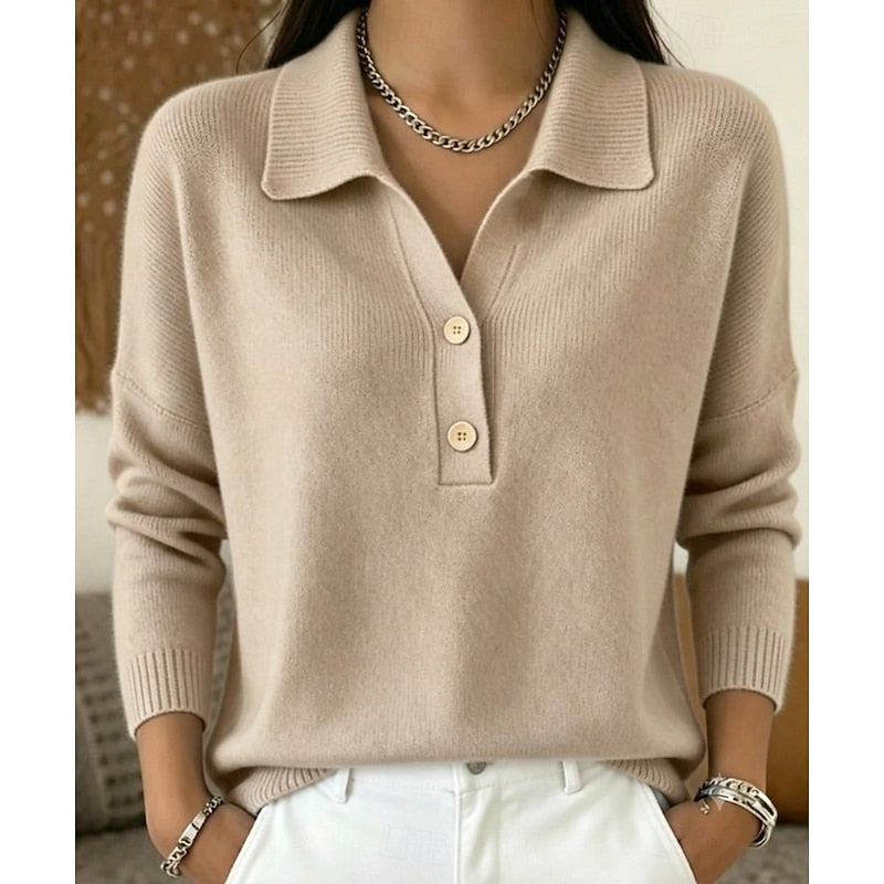 Women's collared button pullover sweater with long sleeves and ribbed trims