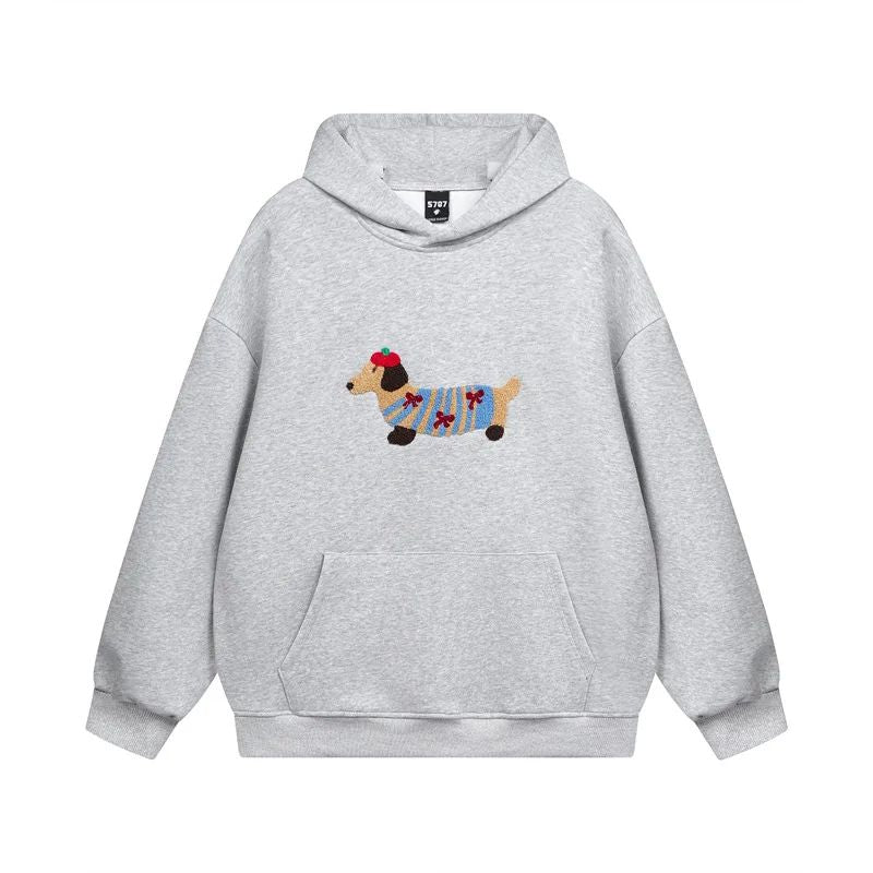 Women's hooded sweatshirt with embroidered dog graphic, long sleeves and kangaroo pocket
