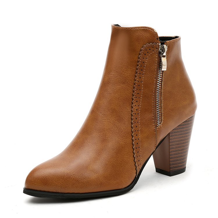Women's Ankle Boot Block Heel Side Zip - Brown