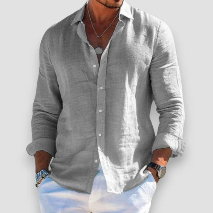 Men's plain long-sleeve button shirt with collared neckline and rolled cuffs
