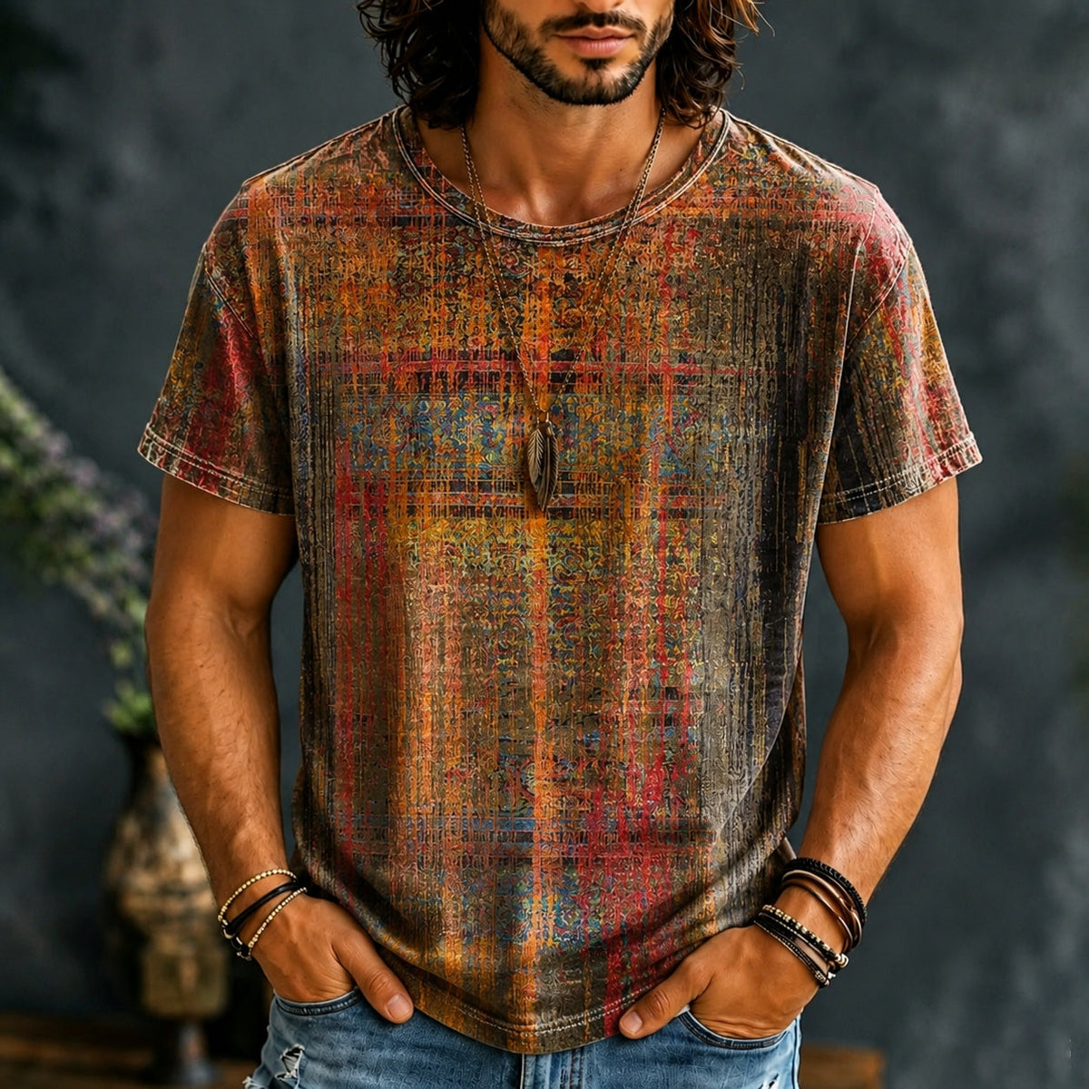 Men's short-sleeve crew-neck T-shirt with multicoloured distressed abstract print