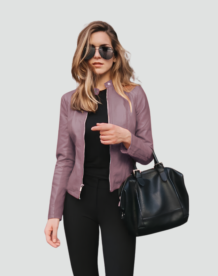 Women's short jacket with stand collar, long sleeves and front zip