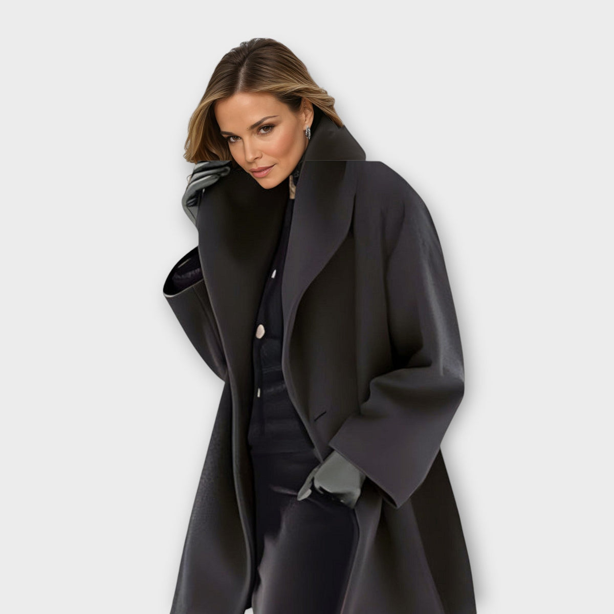 Women's longline jacket with high collar, long sleeves and open front