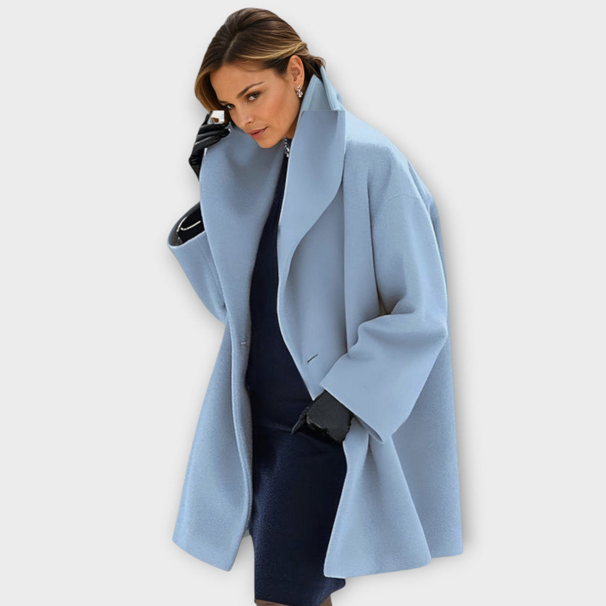 Women's longline jacket with high collar, long sleeves and open front
