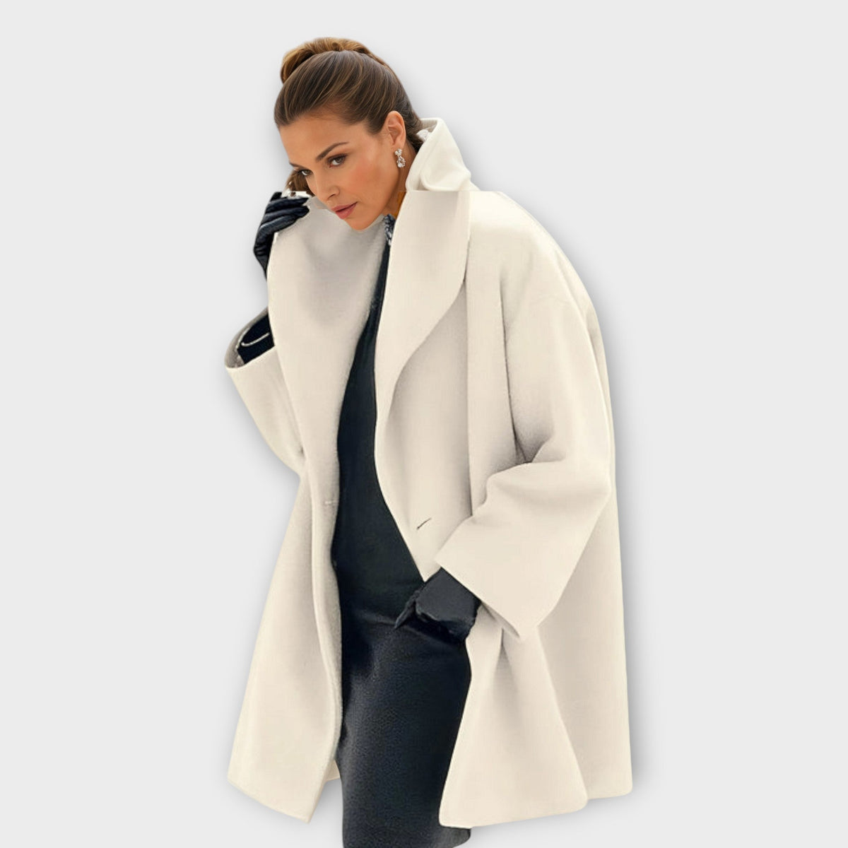Women's longline jacket with high collar, long sleeves and open front