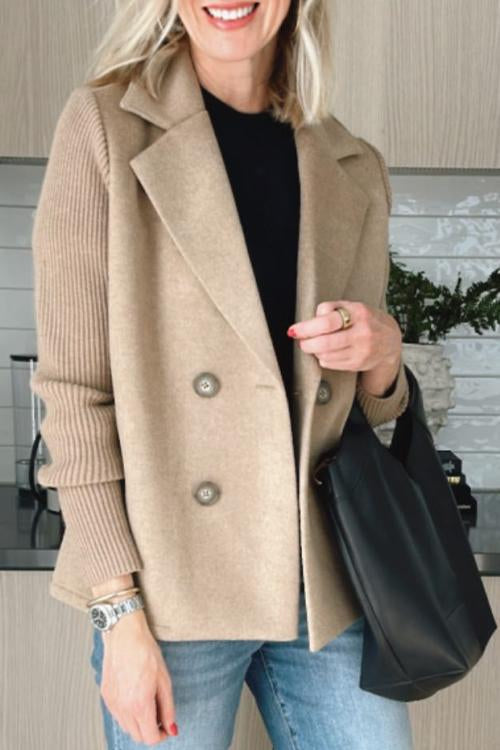 Women's double-breasted blazer with ribbed knit sleeves and notched lapels