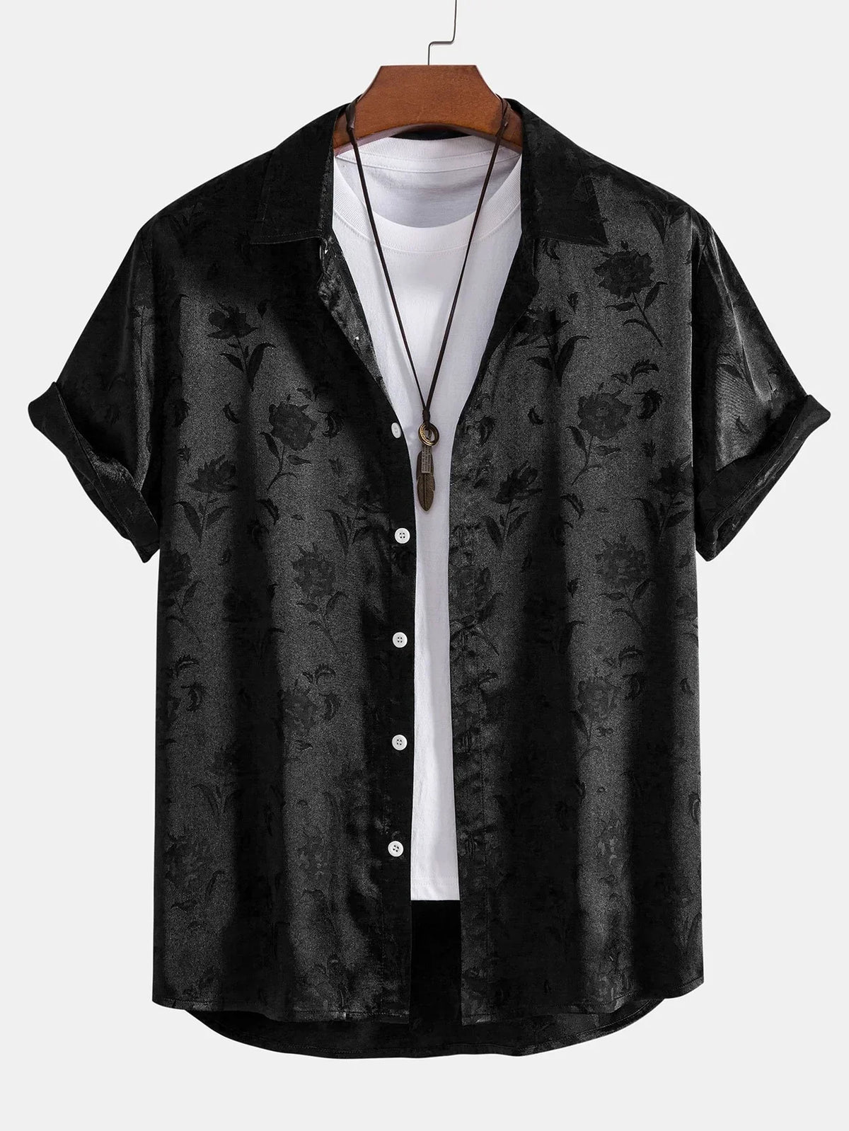 Men's short sleeve floral shirt with pointed collar and button front