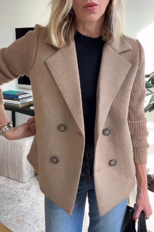 Women's double-breasted blazer with ribbed knit sleeves and notched lapels
