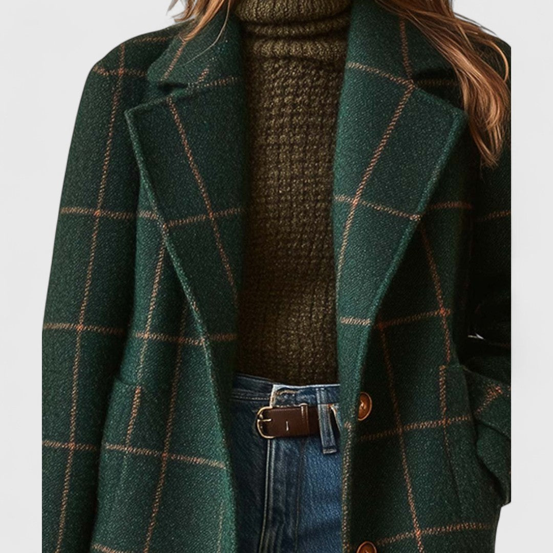 Women's dark green checked coat with wide lapels, long sleeves and front buttons
