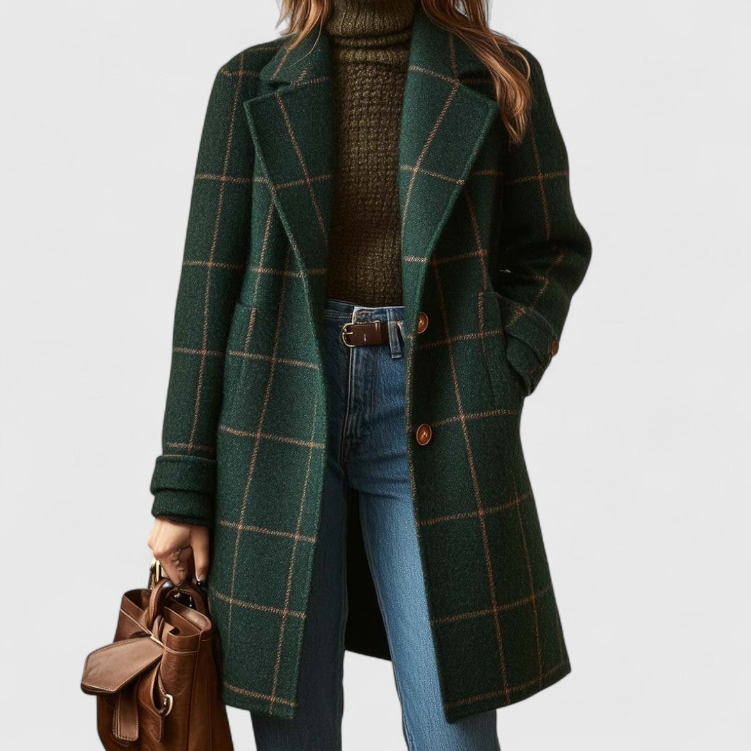 Women's dark green checked coat with wide lapels, long sleeves and front buttons