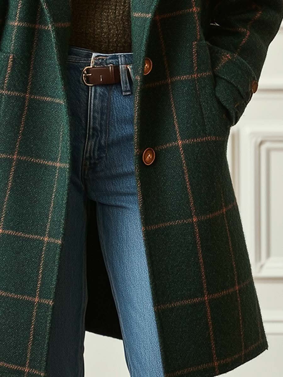 Women's green checked long coat with lapels and button fastening