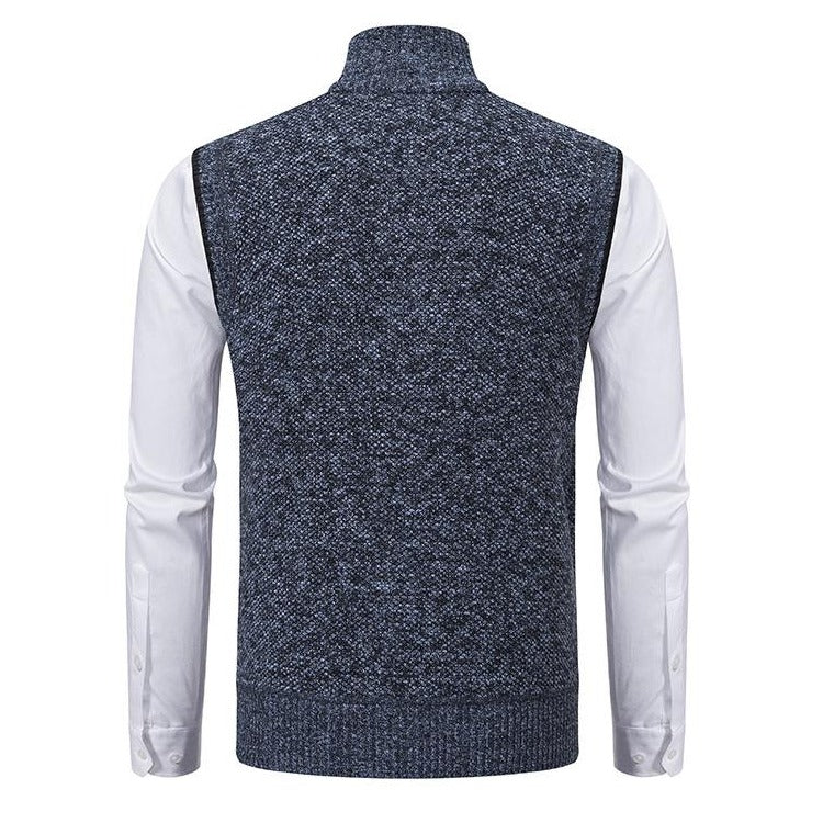 Men's knitted sleeveless business vest with mock neck and front zip