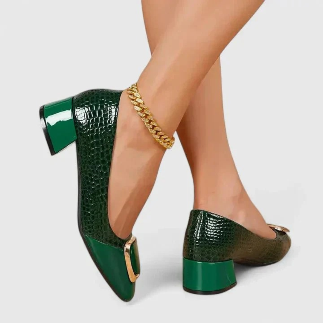 Women's textured loafers with rounded toes and mid block heels