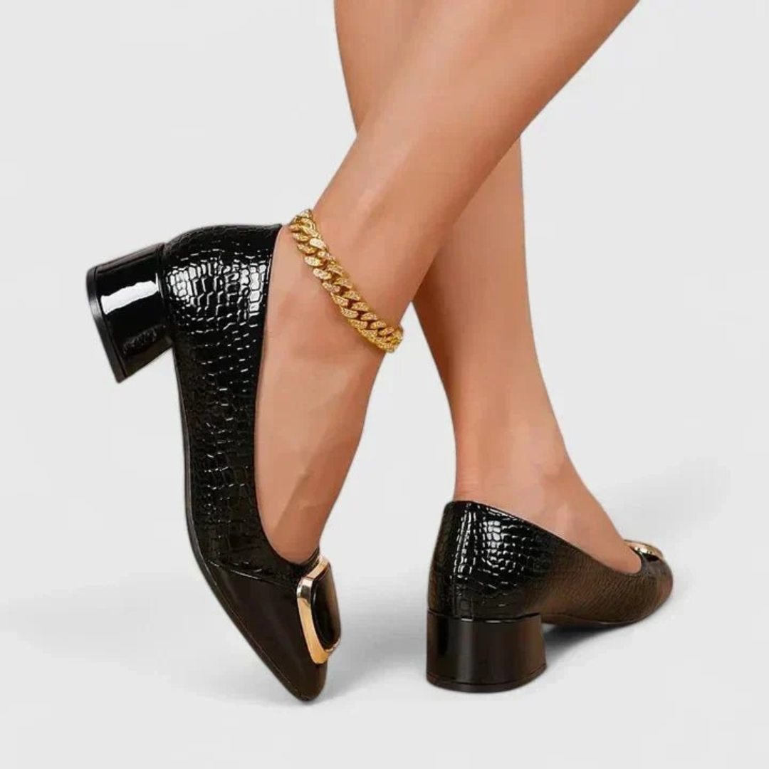 Women's textured loafers with rounded toes and mid block heels