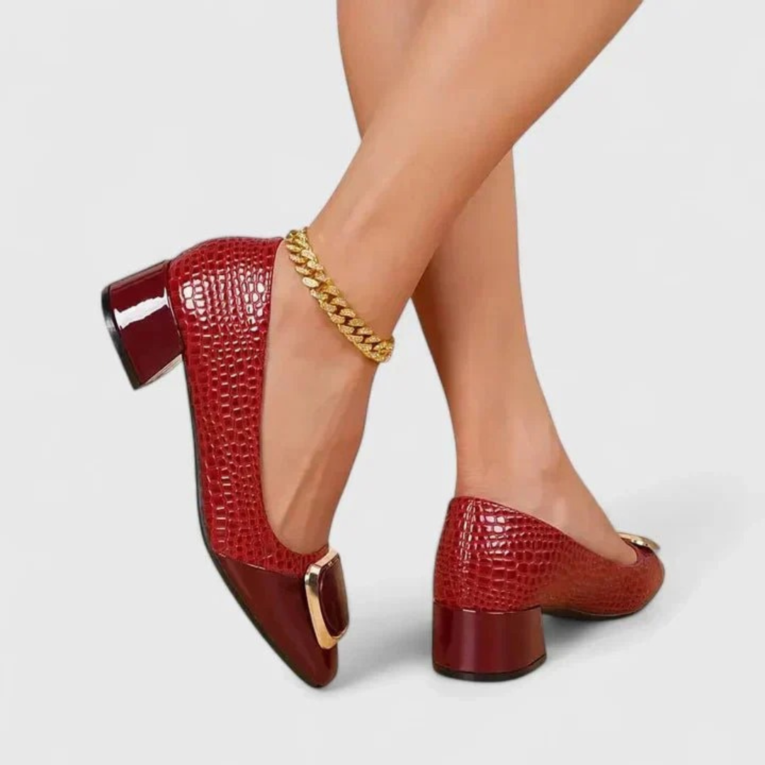 Women's textured loafers with rounded toes and mid block heels