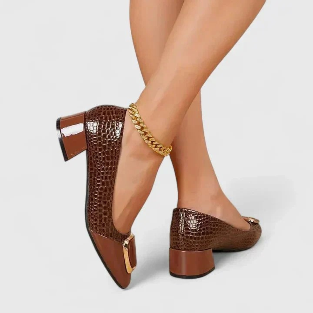 Women's textured loafers with rounded toes and mid block heels