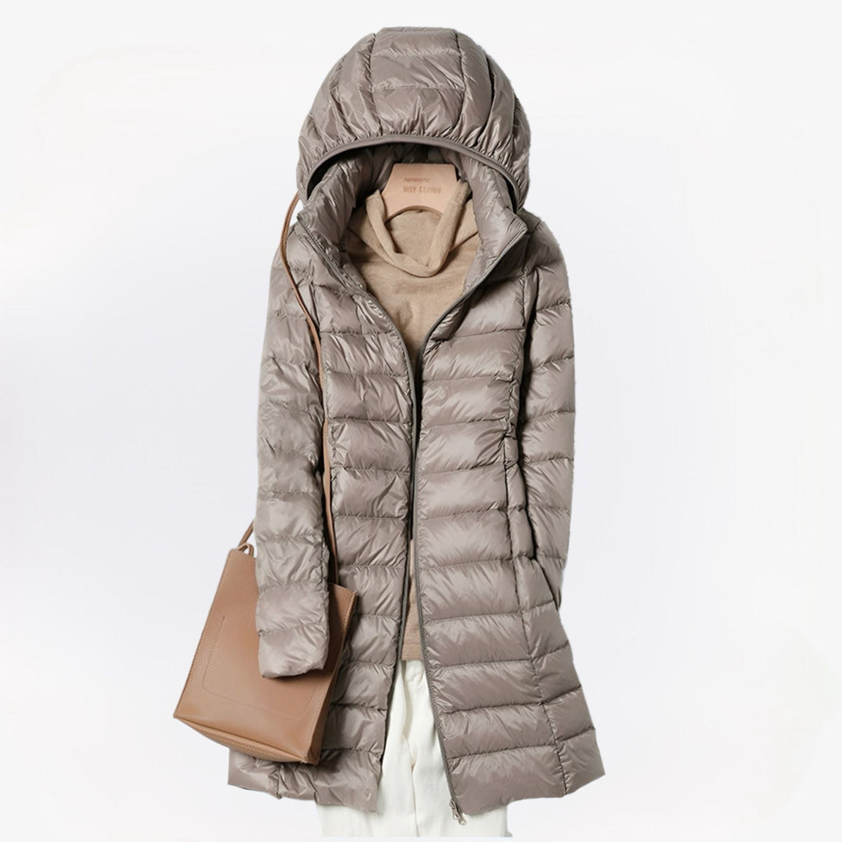 Women's quilted longline hooded puffer coat with zip front
