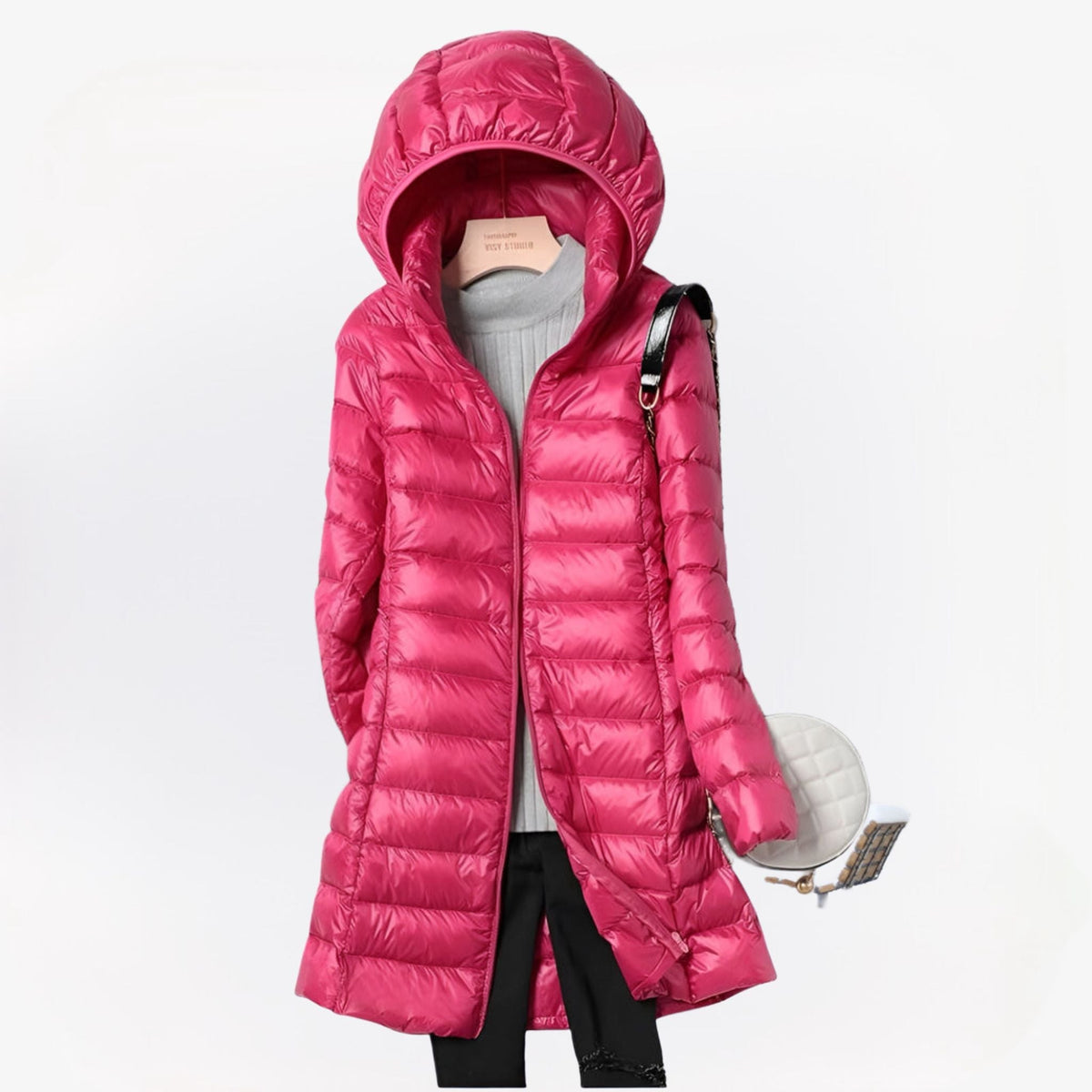 Women's quilted longline hooded puffer coat with zip front