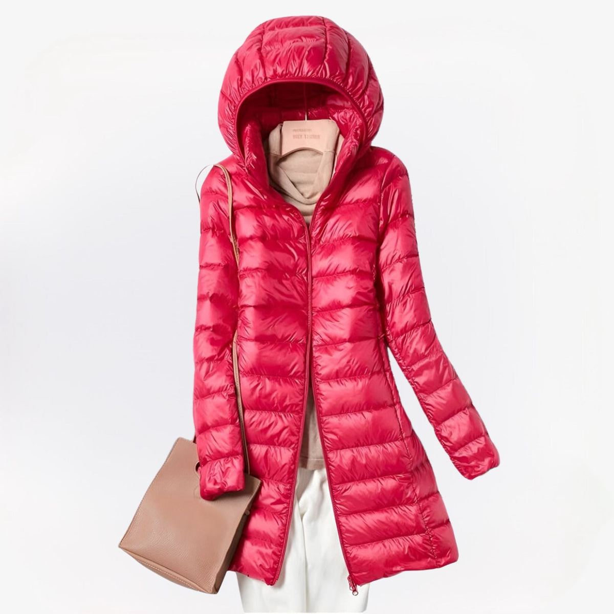 Women's quilted longline hooded puffer coat with zip front