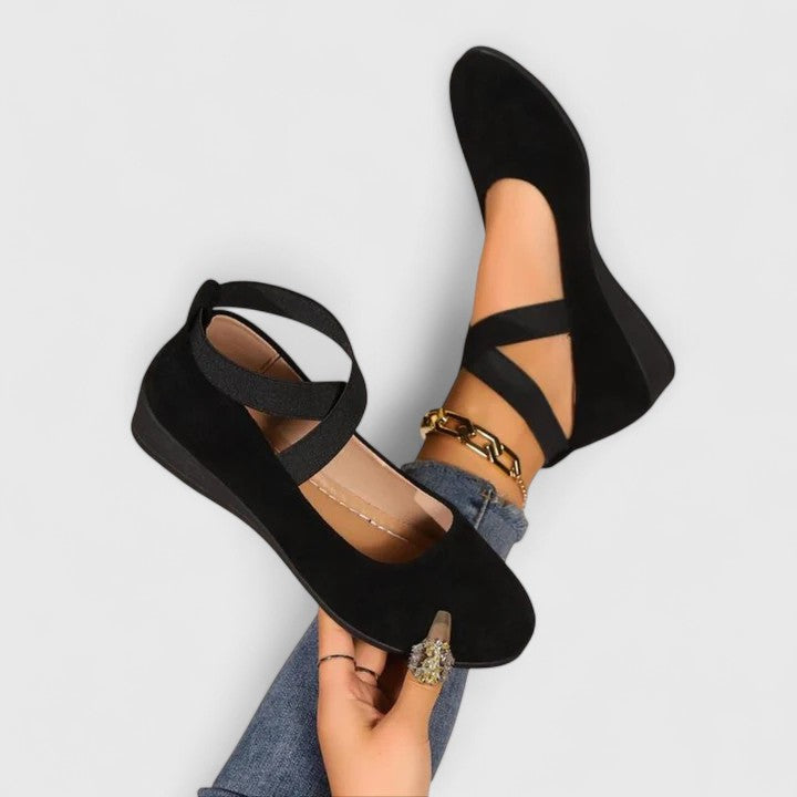 Women's Mary Jane wedge shoes with rounded toes and crossed straps