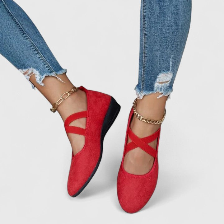 Women's Mary Jane wedge shoes with rounded toes and crossed straps