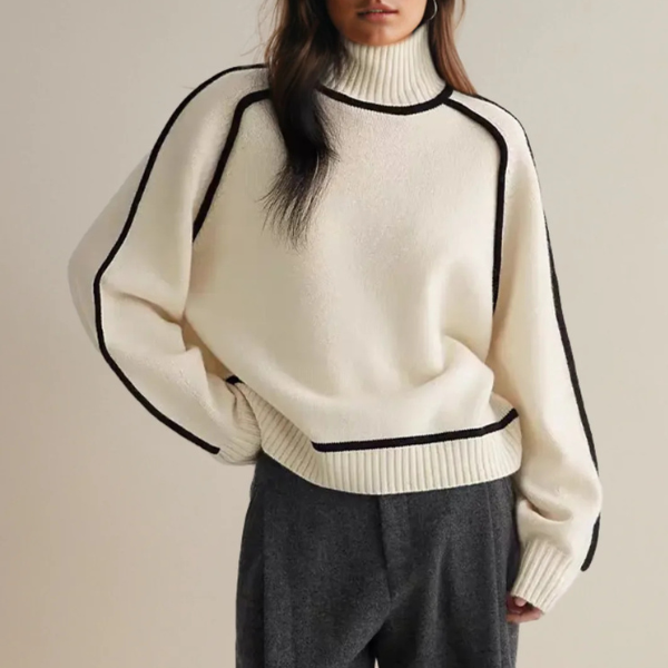 Women's ribbed mock neck jumper with contrast piping and long sleeves