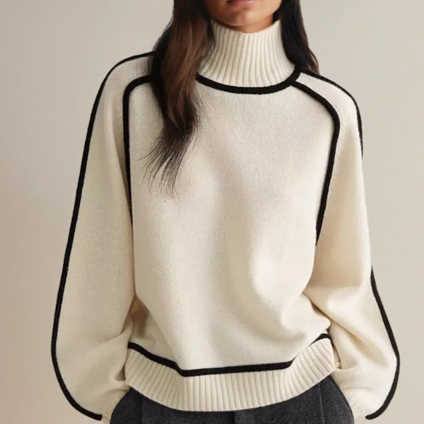 Women's ribbed mock neck jumper with contrast piping and long sleeves