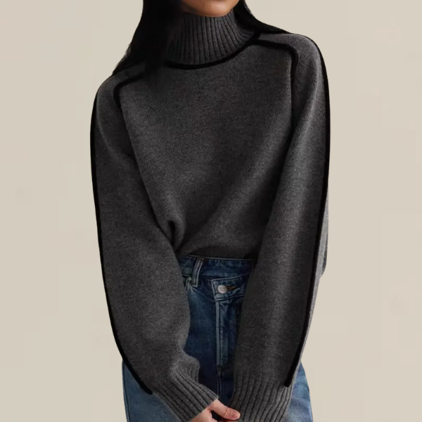 Women's ribbed mock neck jumper with contrast piping and long sleeves