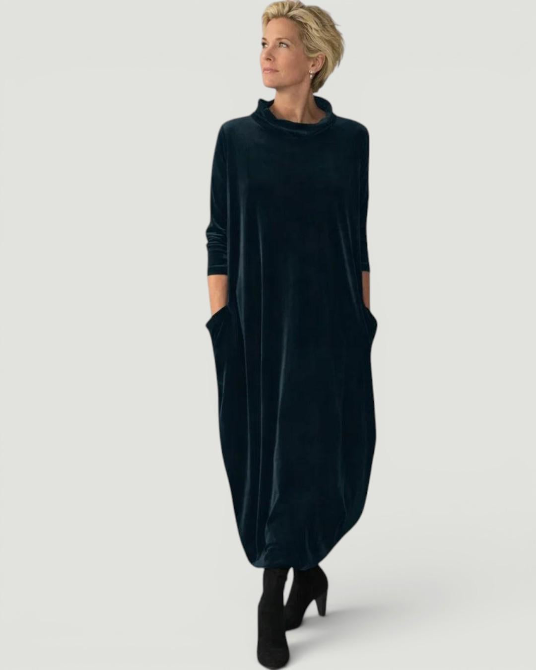 Women's velvet maxi dress with cowl neckline, 3/4 sleeves and side pockets