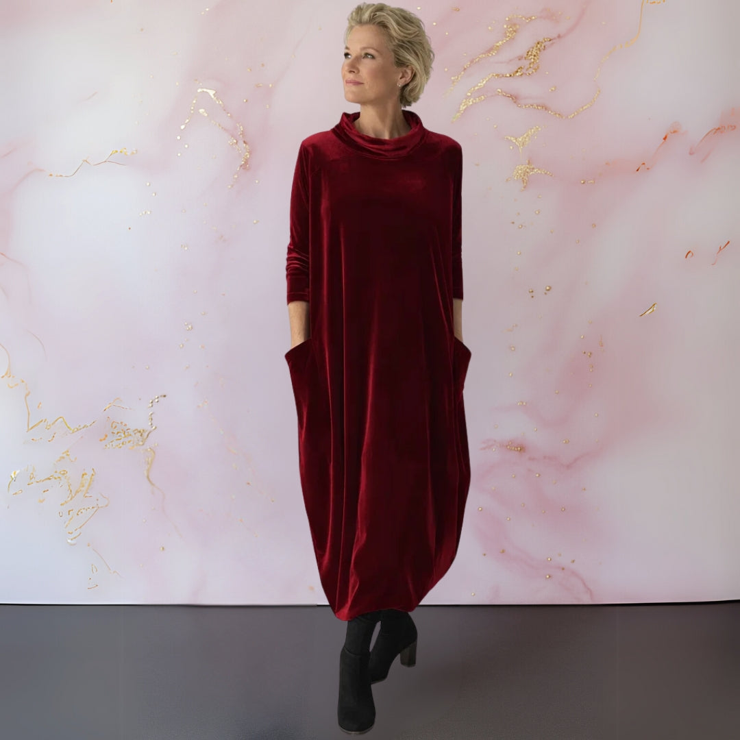 Women's velvet maxi dress with cowl neckline, 3/4 sleeves and side pockets