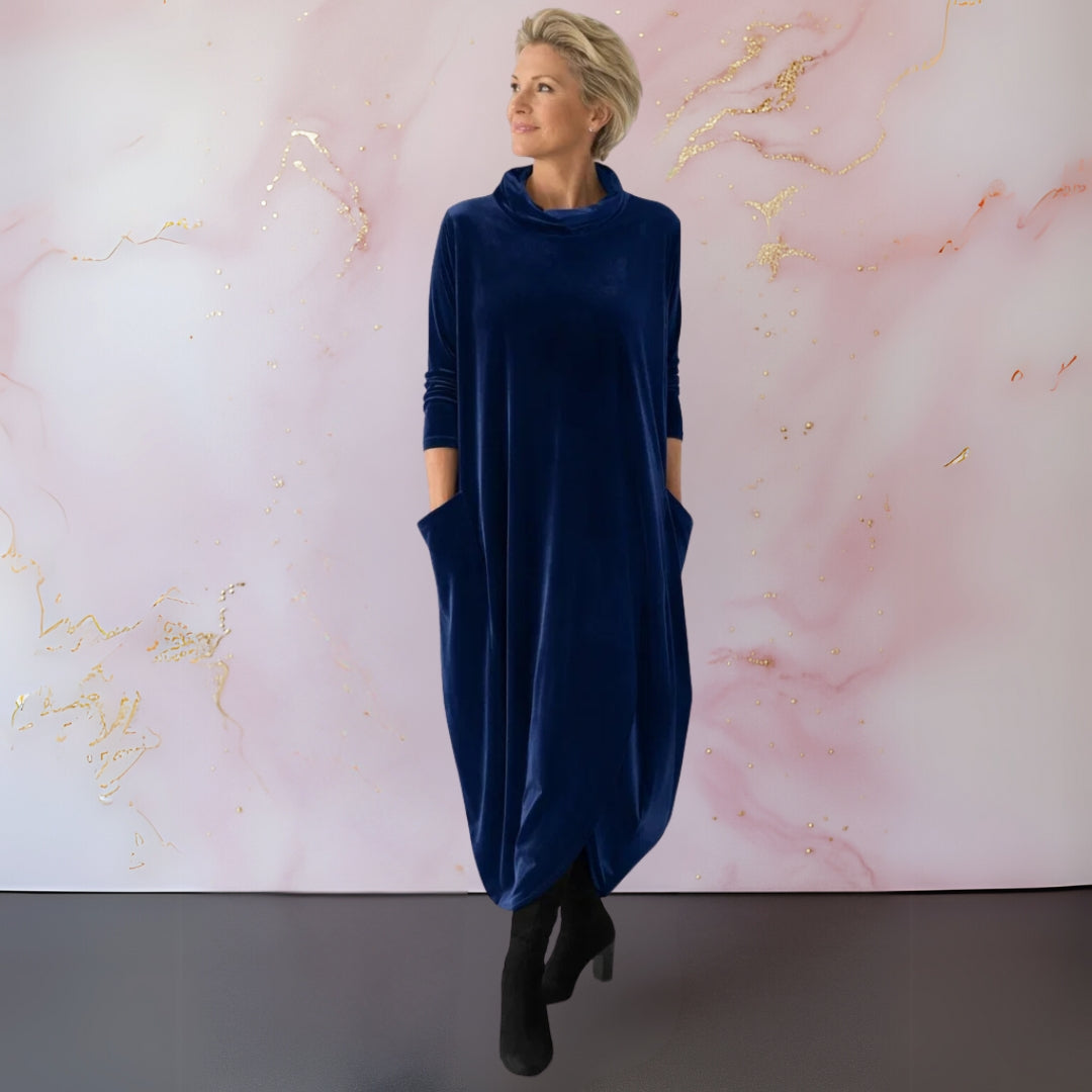 Women's velvet maxi dress with cowl neckline, 3/4 sleeves and side pockets