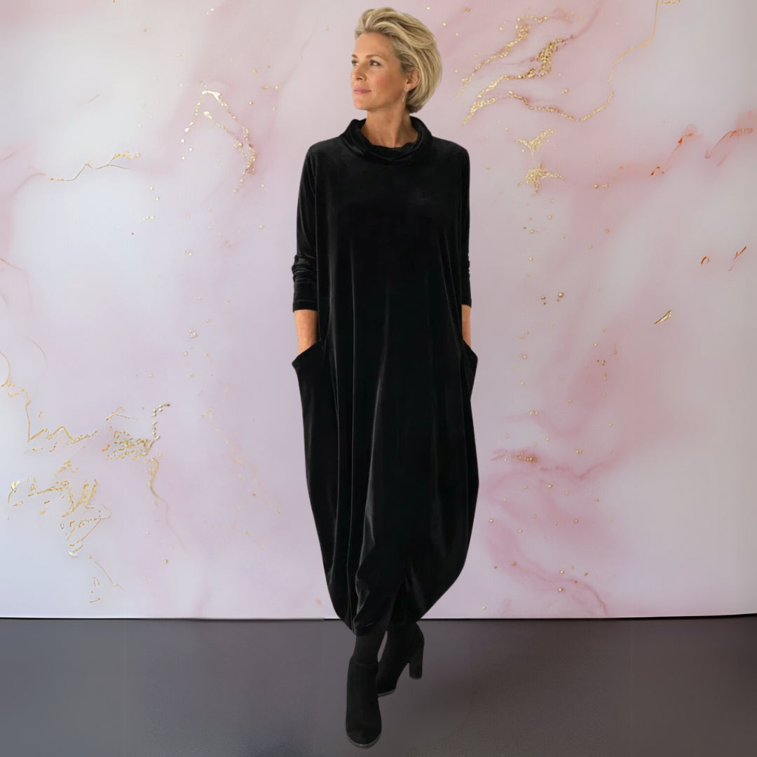 Women's velvet maxi dress with cowl neckline, 3/4 sleeves and side pockets