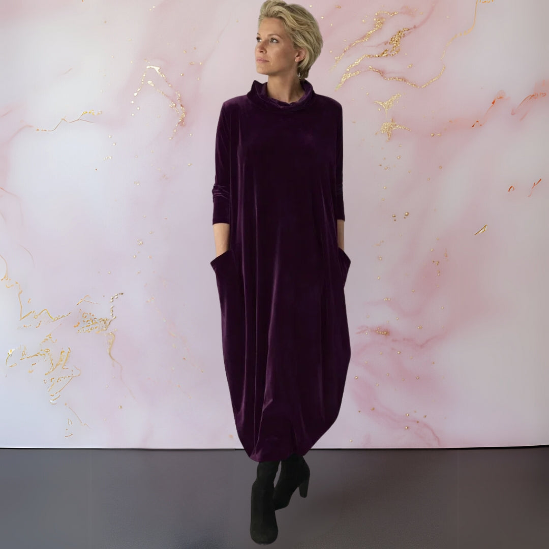Women's velvet maxi dress with cowl neckline, 3/4 sleeves and side pockets