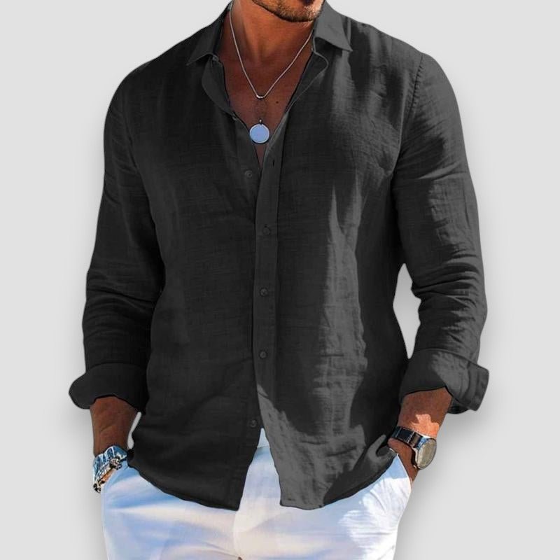 Men's long-sleeve button-up shirt with open collar and curved hem