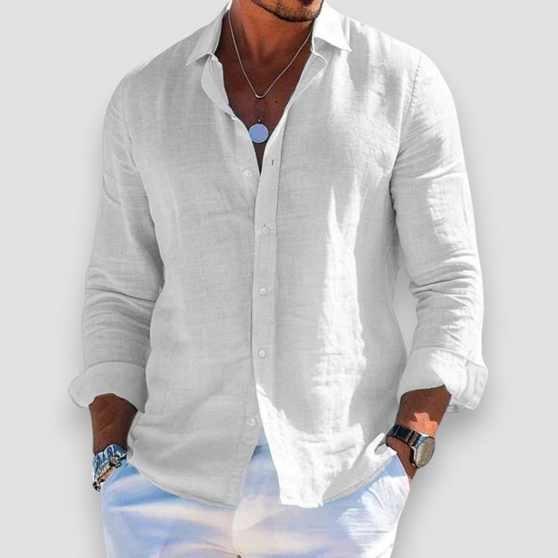 Men's long-sleeve button-up shirt with open collar and curved hem