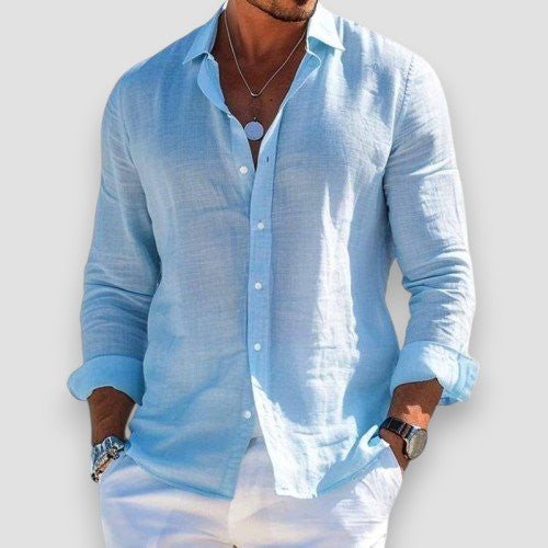 Men's long-sleeve button-up shirt with open collar and curved hem