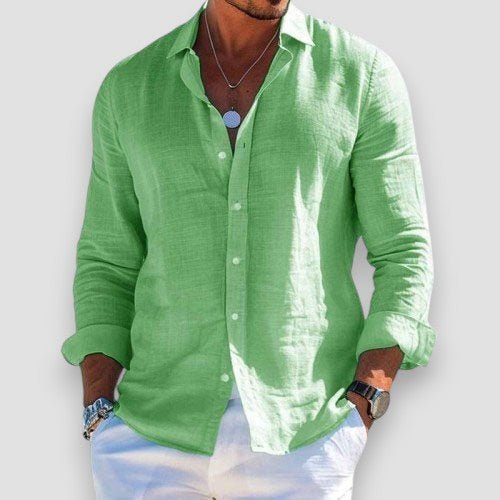 Men's long-sleeve button-up shirt with open collar and curved hem