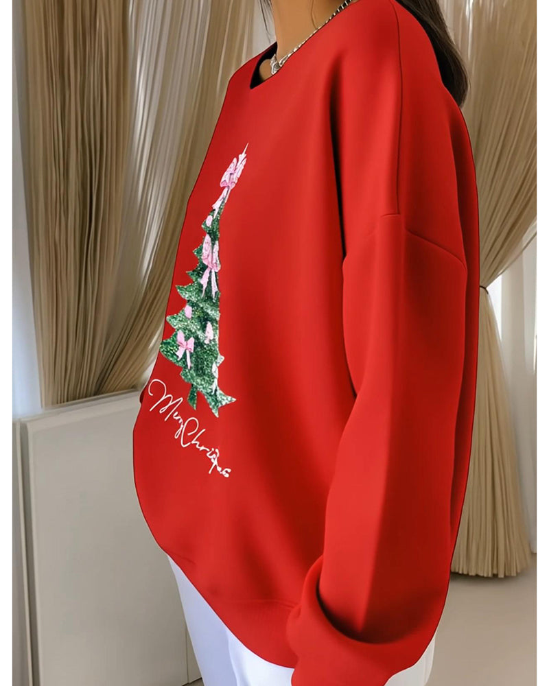Women's long-sleeve sweatshirt with a decorated Christmas tree and Merry Christmas print