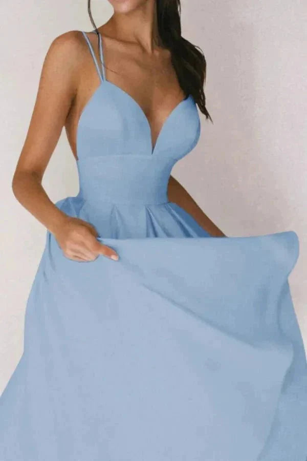 Women's A-Line Midi Dress Plunge Neck Open Back Strap Fit | Blue