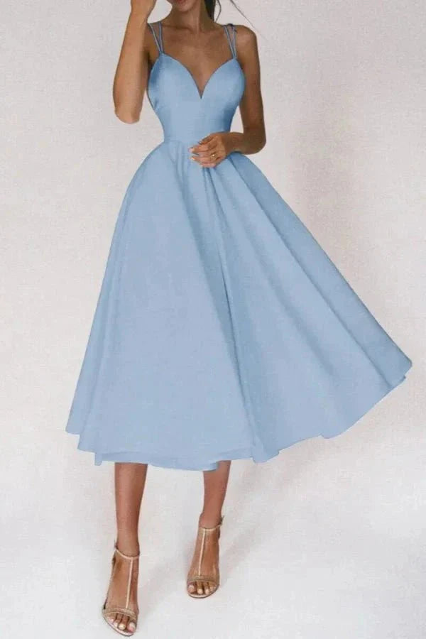 Women's A-Line Midi Dress Plunge Neck Open Back Strap Fit | Blue
