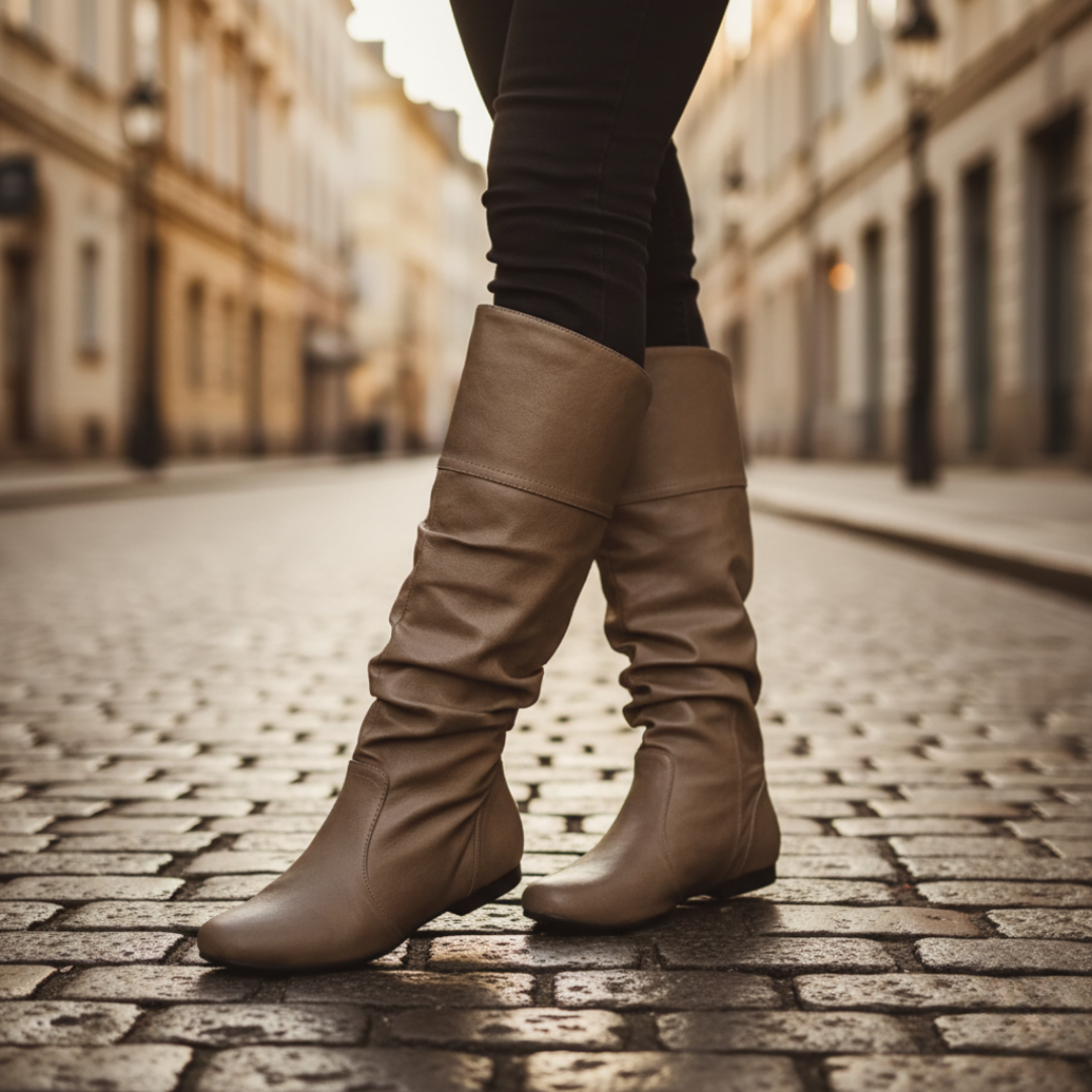 Women's slouch knee-high boots with almond toes and low heels