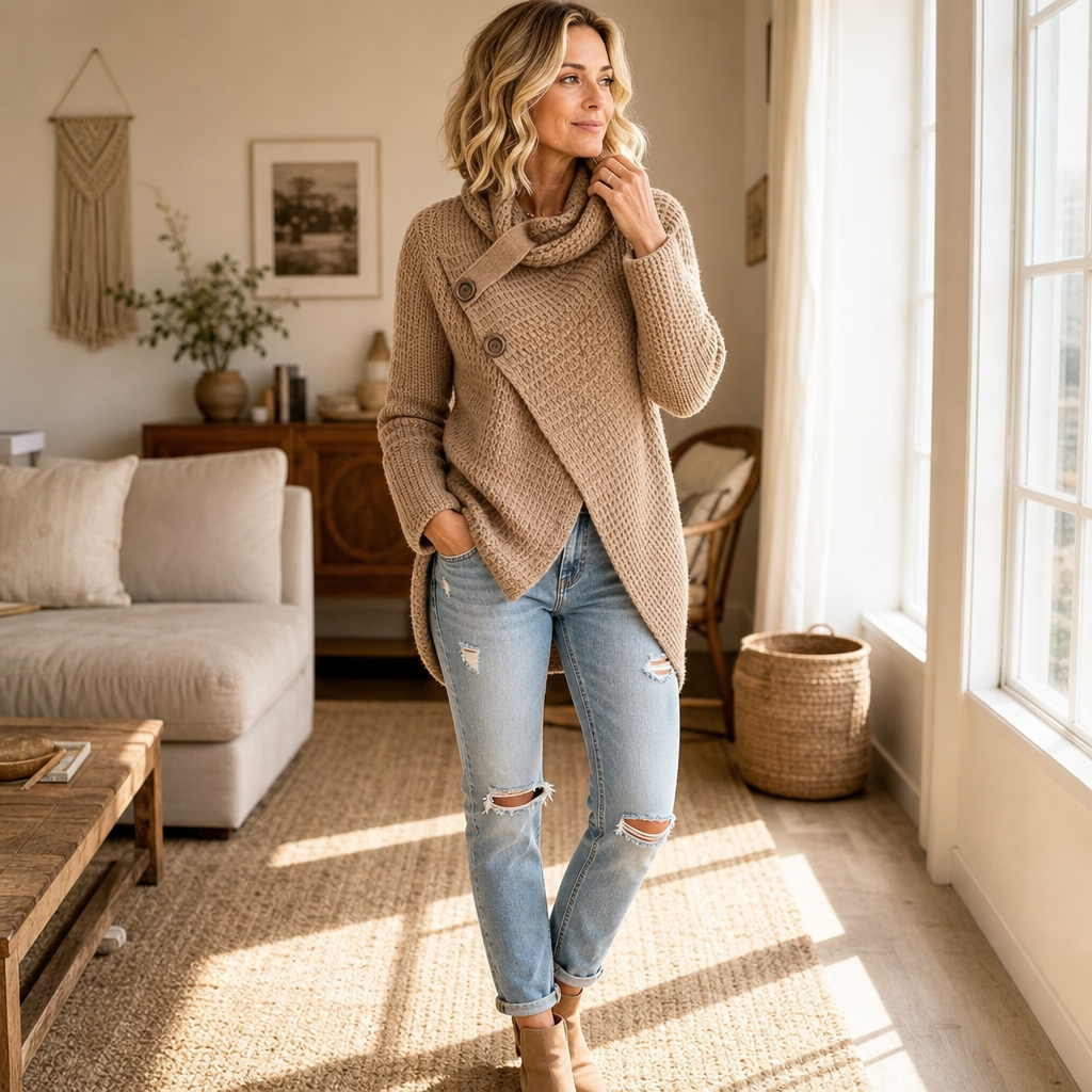 Women's textured cowl neck sweater with asymmetric button-side front and long sleeves