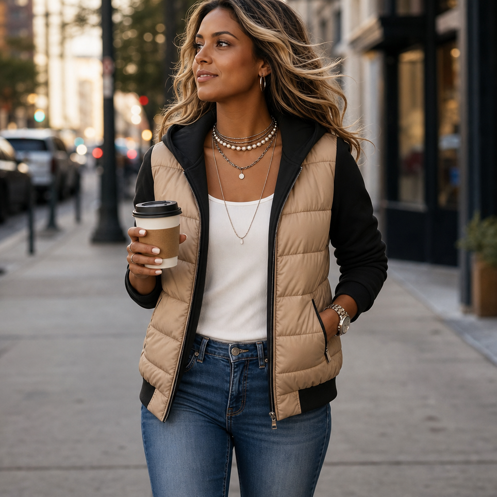 Women's hip-length quilted puffer jacket with hood and long knit sleeves