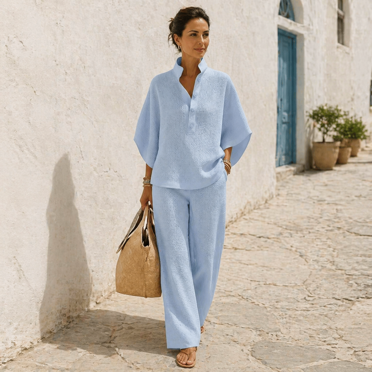 Women's textured two-piece set with mandarin collar top and wide-leg trousers