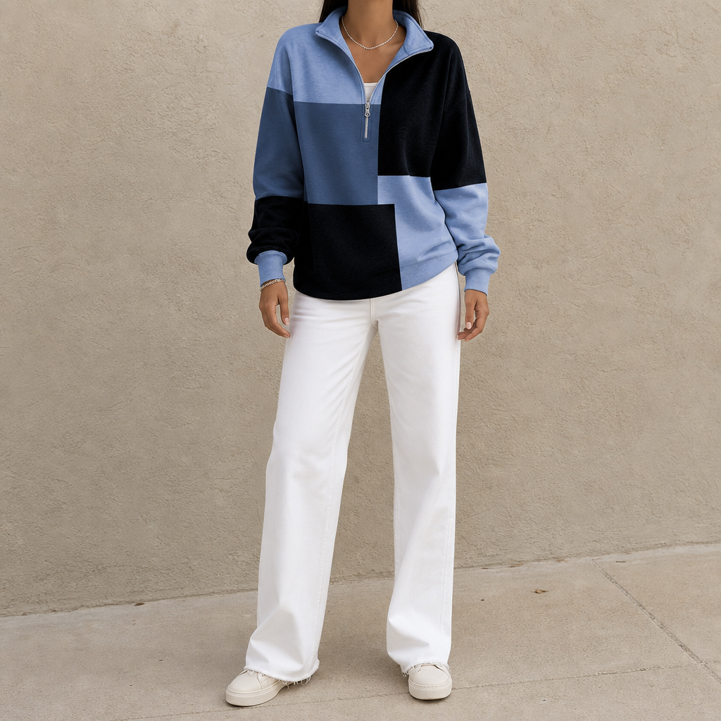 Women's blue and black colourblock half-zip sweatshirt with stand collar