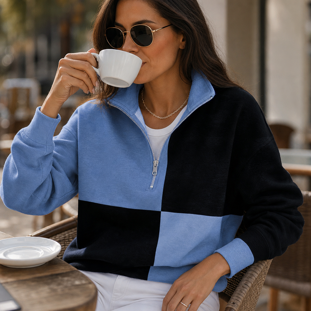 Women's blue and black colourblock half-zip sweatshirt with stand collar