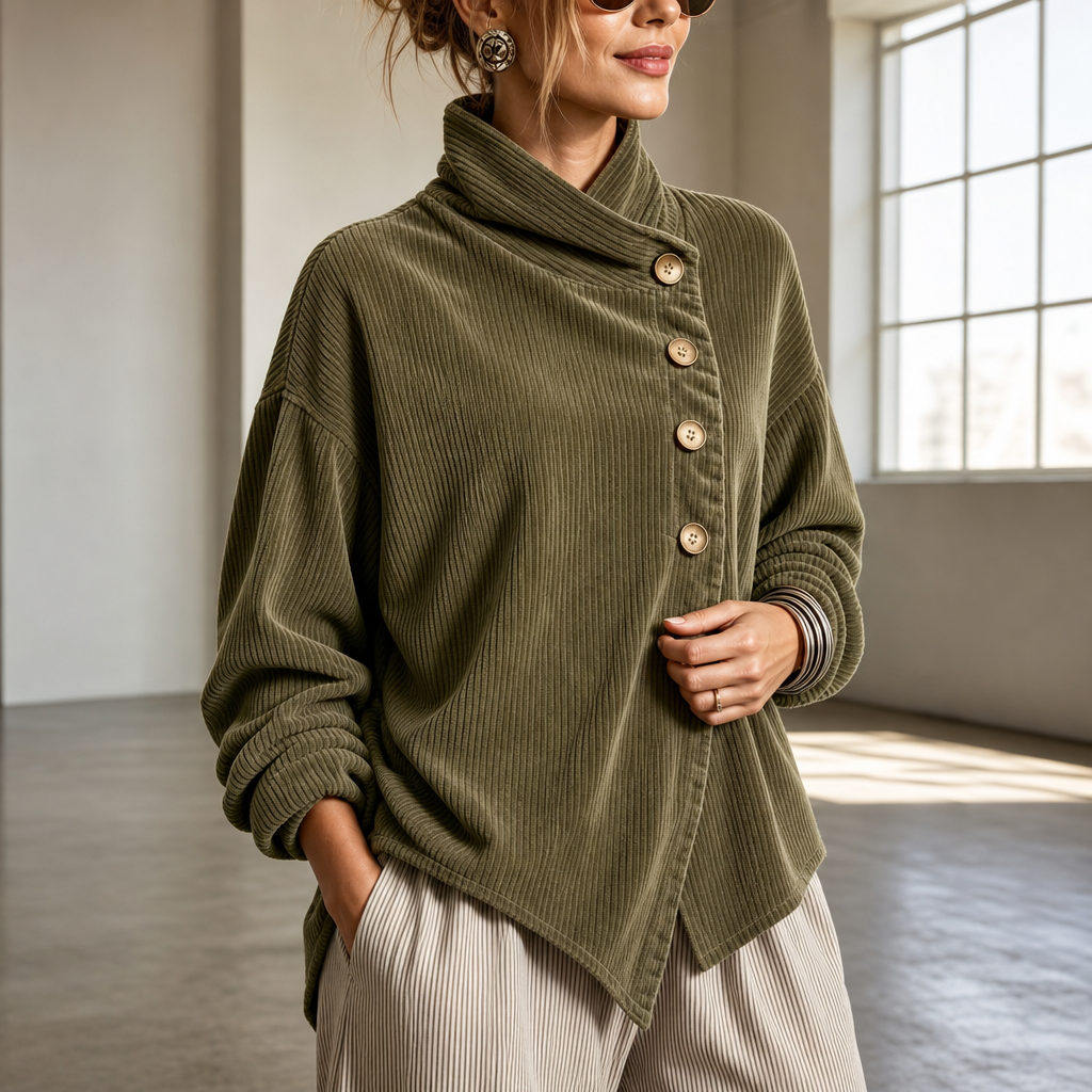 Women's corduroy top with funnel collar, front buttons and asymmetric hem